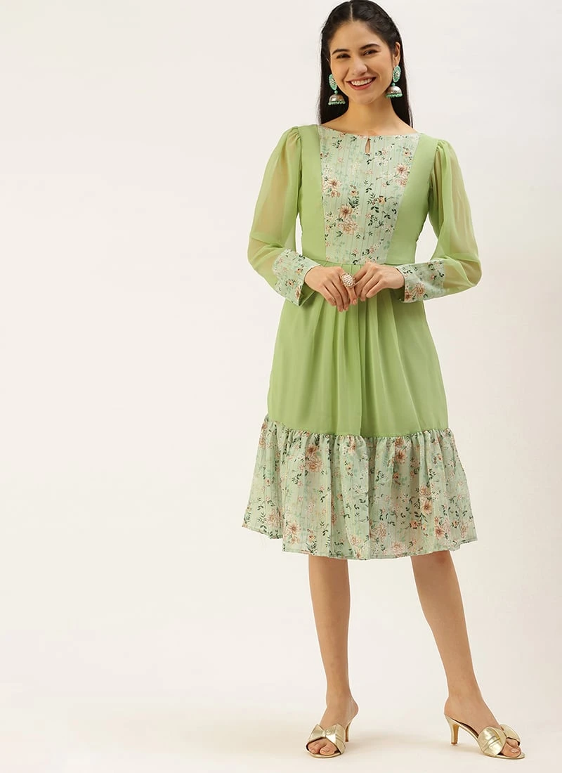 Green Digital Printed Dress Festive Wear - Image 3