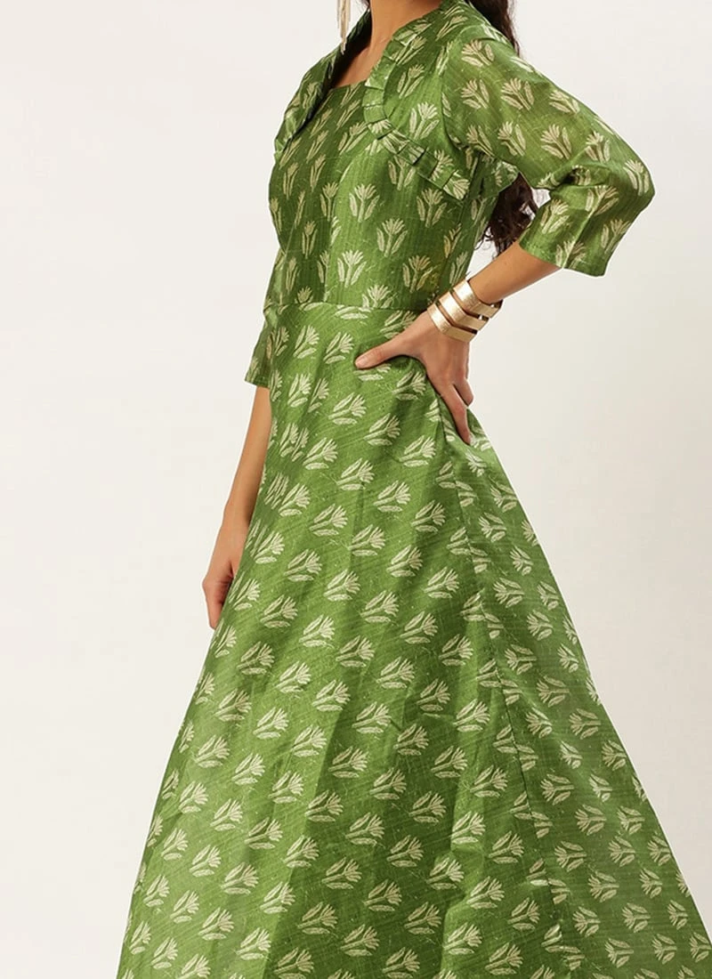 Green Digital Printed Maxi Dress Festive Wear