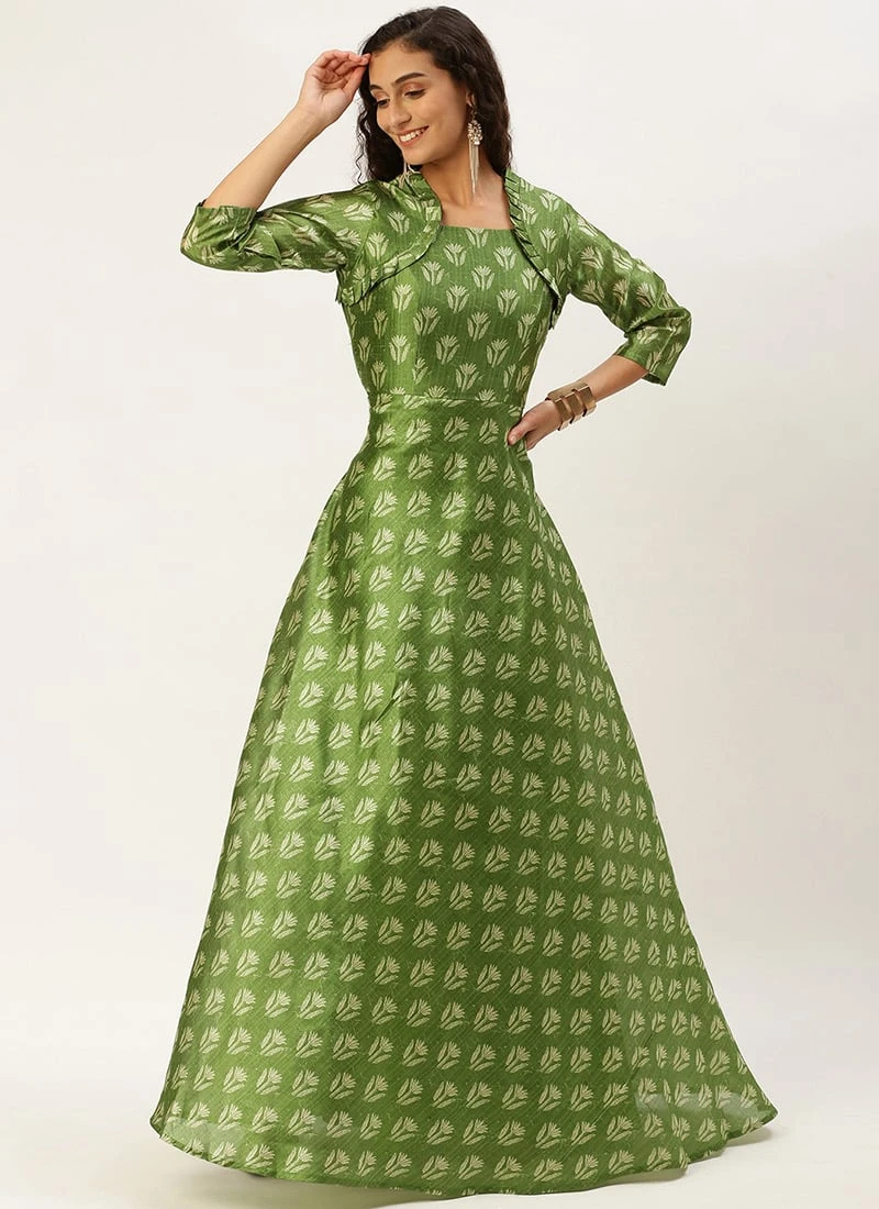 Green Digital Printed Maxi Dress Festive Wear - Image 3