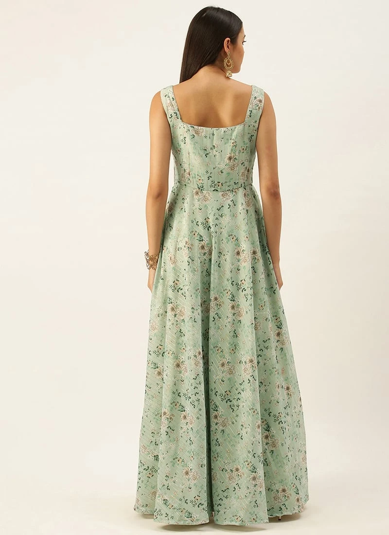 Green Muslin Digital Printed Strap Neck Dress After Six Wear - Image 4