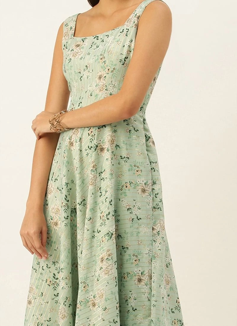 Green Muslin Digital Printed Strap Neck Dress After Six Wear