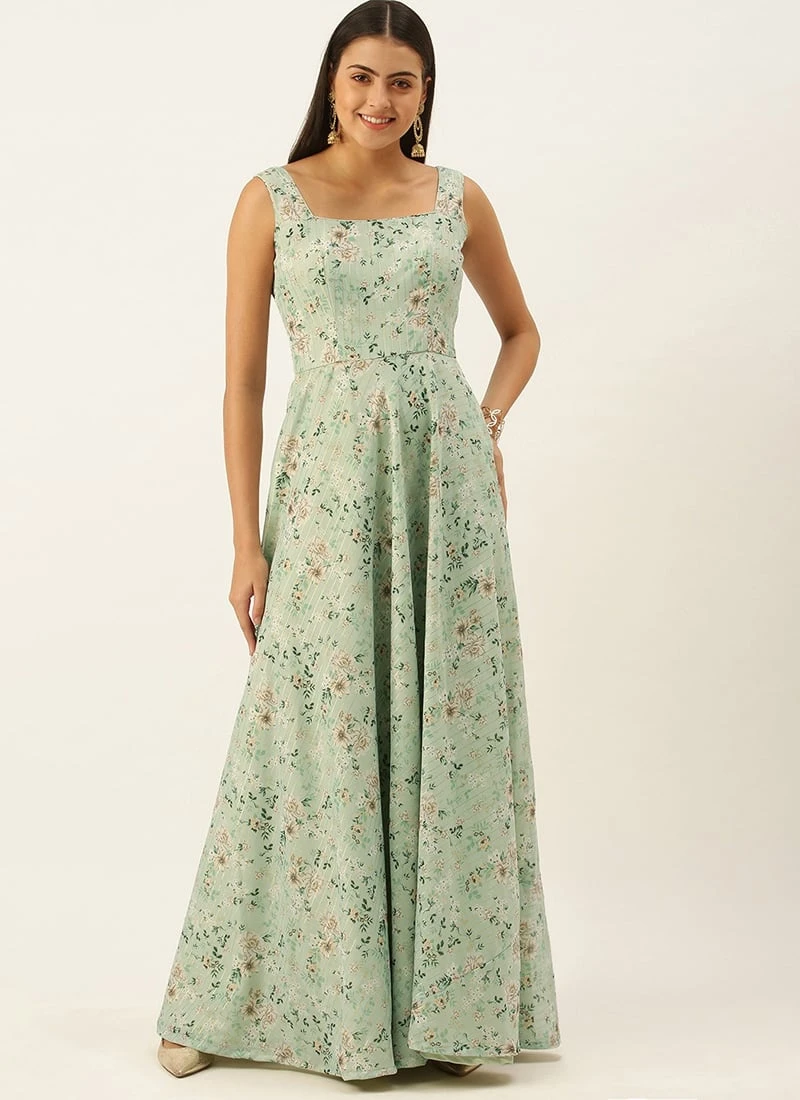 Green Muslin Digital Printed Strap Neck Dress After Six Wear - Image 3