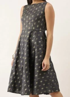 Grey Brocade Boat Neck Flared Dress Festive Wear