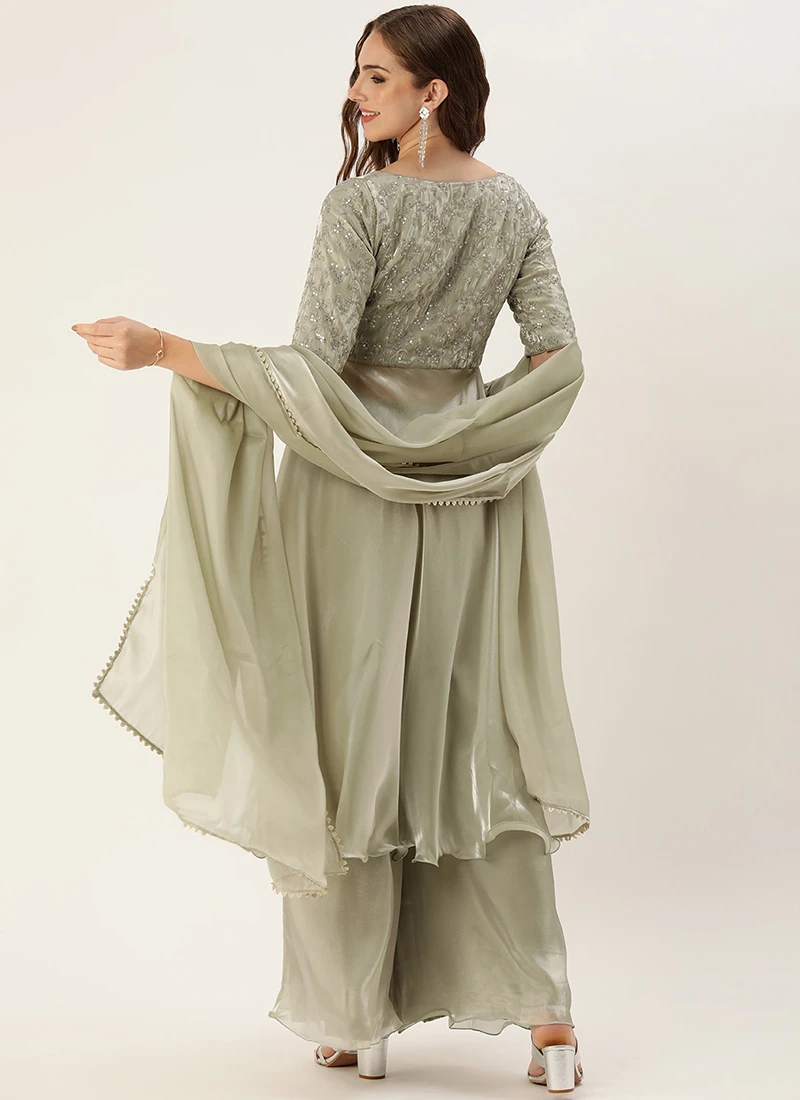 Grey Embroidered Jimmy Choo Palazzo Suit Festive Wear - Image 4