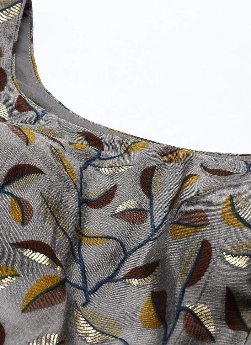 Grey Modal N Brown Geogette Gathers Dress Party Wear - Image 5