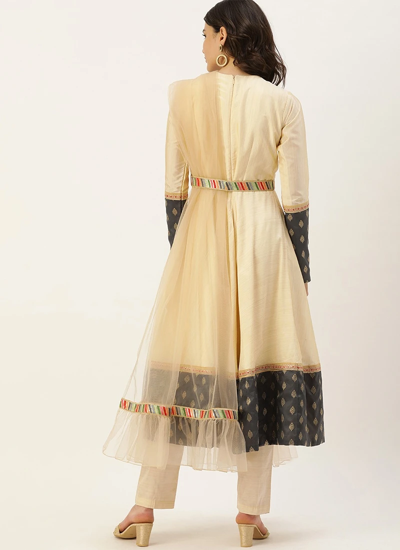 Grey N Beige Anarkali Suit Set Festive Wear - Image 4