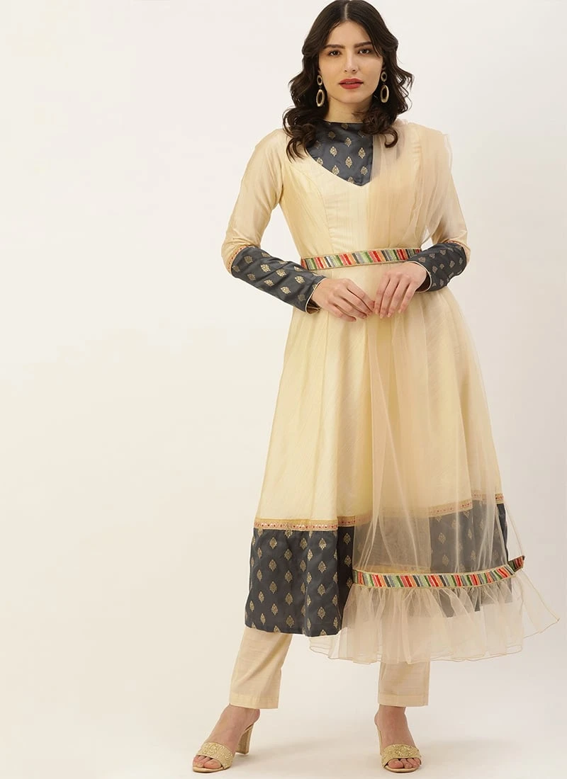 Grey N Beige Anarkali Suit Set Festive Wear - Image 3