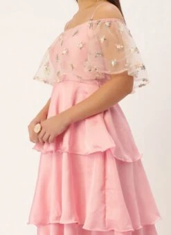 White Embroidered Net N Pink Satin Dress Party Wear