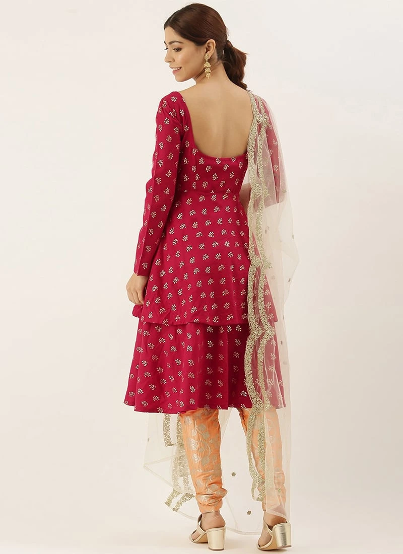 Magenta N Peach Contrast Layered Anarkali Set Festive Wear - Image 4