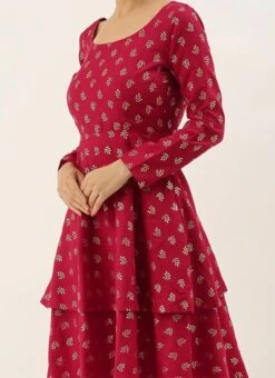 Magenta N Peach Contrast Layered Anarkali Set Festive Wear