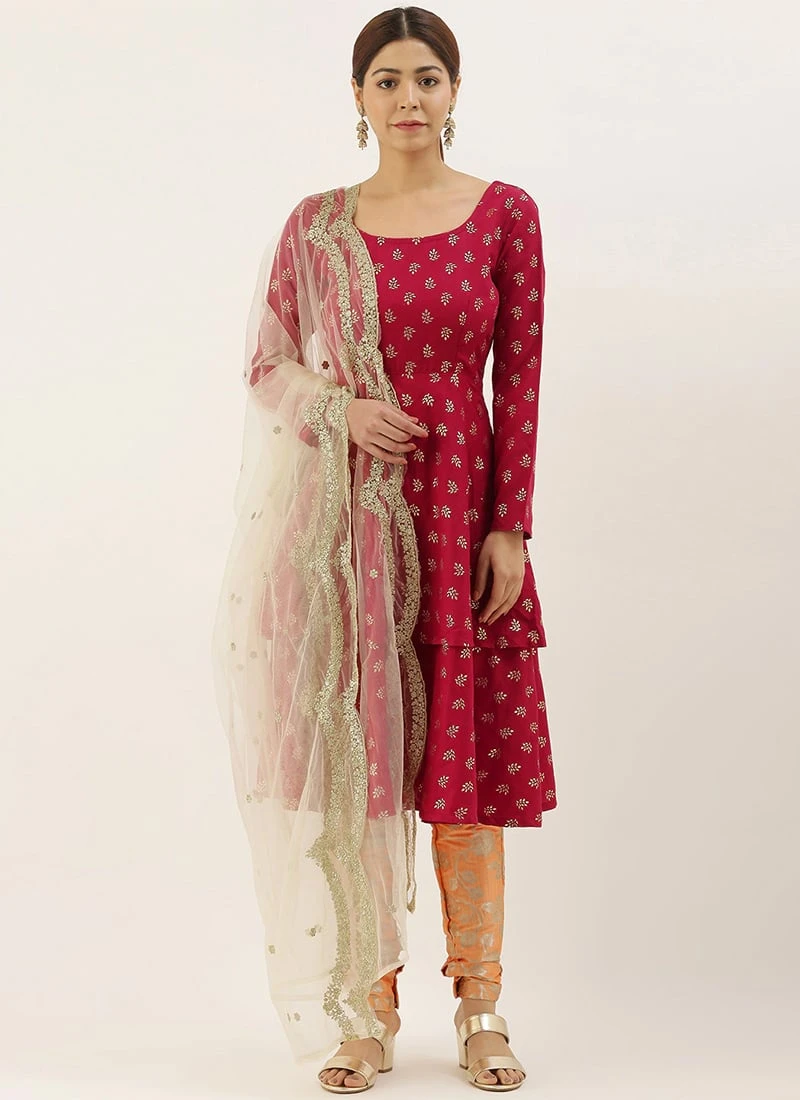 Magenta N Peach Contrast Layered Anarkali Set Festive Wear - Image 3
