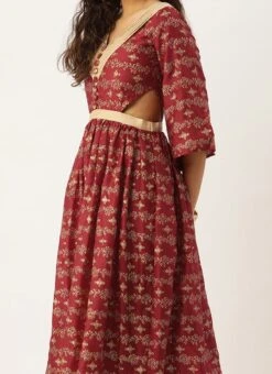 Maroon Art Silk Foil Printed Maxi Dress Festive Wear