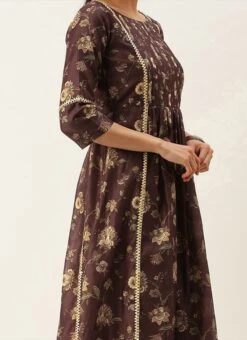 Maroon Chanderi Printed Floral Maxi Dress Festive Wear