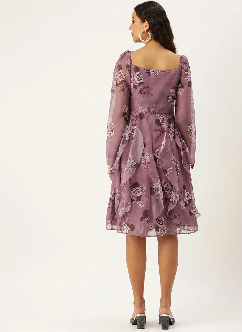 Mauve Organza Digital Printed Dress After Six Wear - Image 4