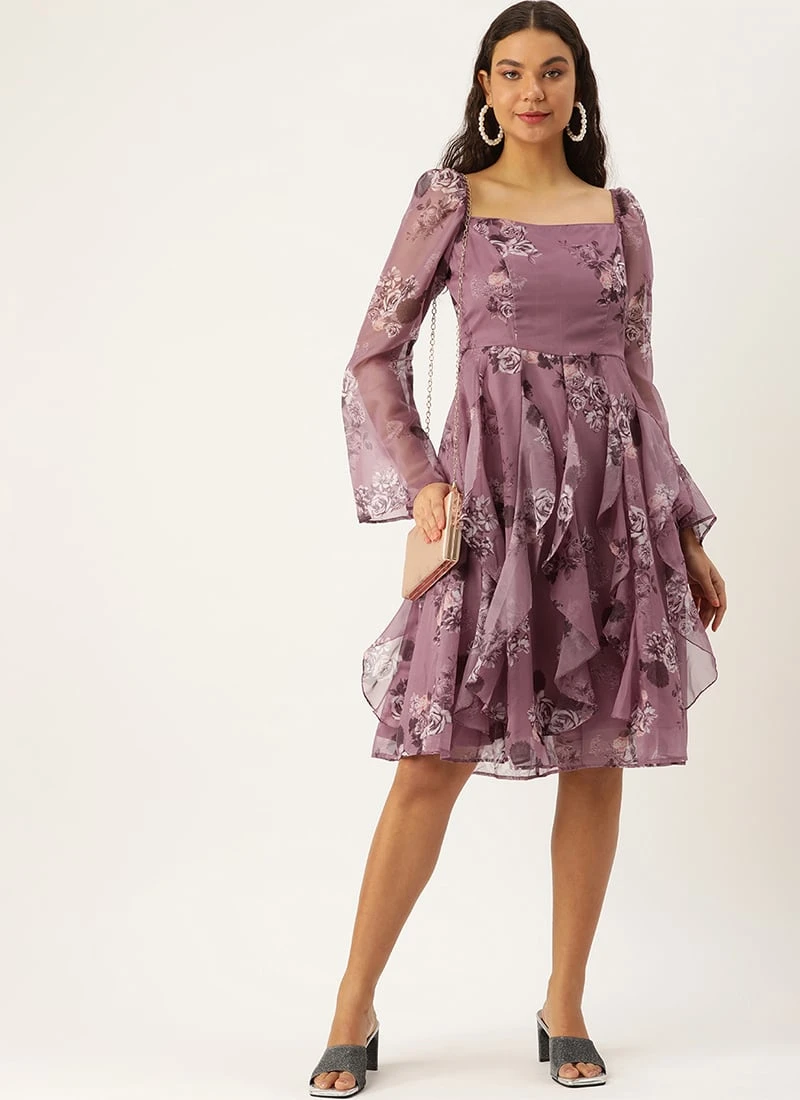 Mauve Organza Digital Printed Dress After Six Wear - Image 3