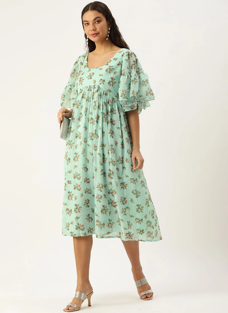 Mint Green Georgette Digital Printed Dress After Six Wear Party Wear - Image 3