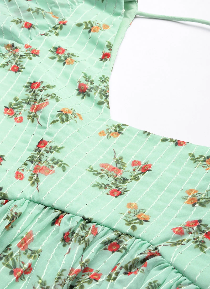 Mint Green Georgette Digital Printed Dress After Six Wear Party Wear - Image 5