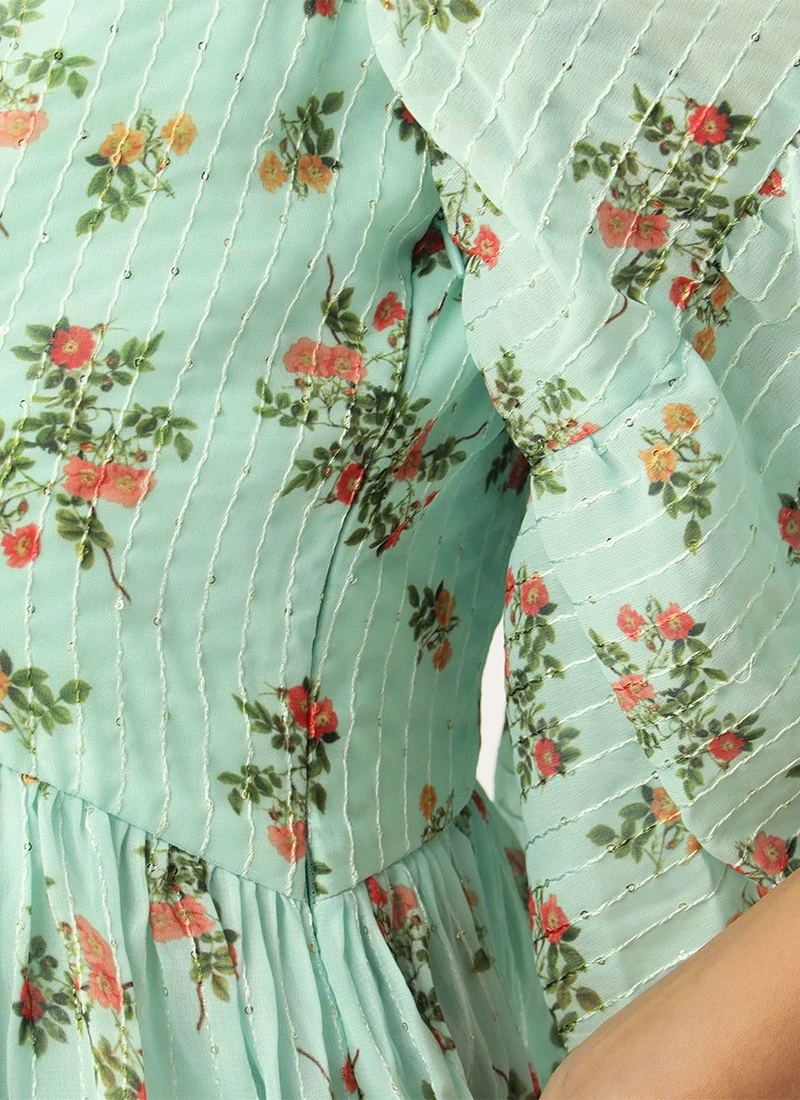 Mint Green Georgette Digital Printed Dress After Six Wear Party Wear - Image 7