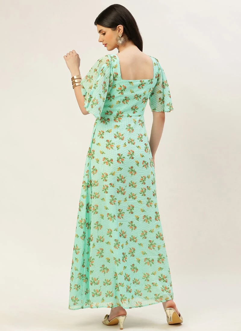 Mint Green Georgette Digital Printed Dress Festive Wear After Six Wear - Image 4