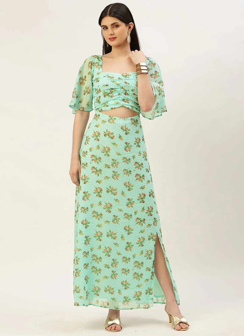 Mint Green Georgette Digital Printed Dress Festive Wear After Six Wear - Image 3