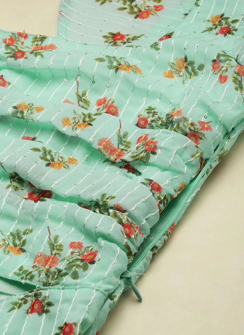 Mint Green Georgette Digital Printed Dress Festive Wear After Six Wear - Image 7