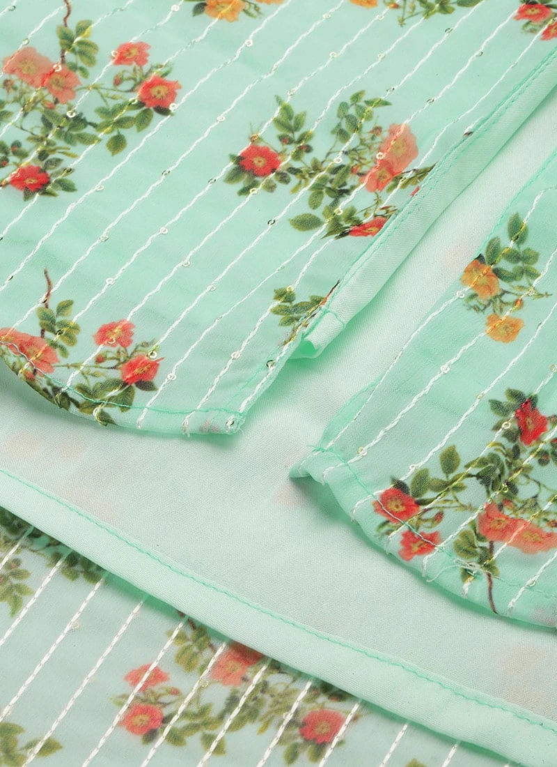 Mint Green Georgette Digital Printed Dress Festive Wear After Six Wear - Image 8