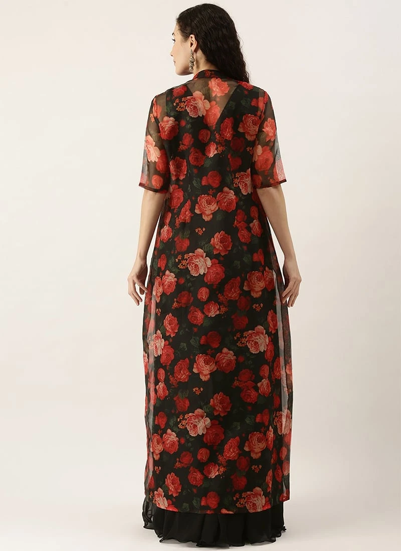 Multicolored Digital Print Organza Jacket N Black Dress Festive Wear - Image 4