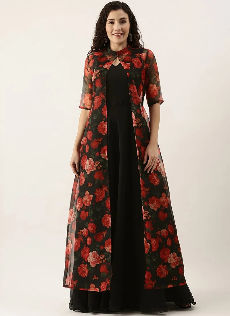 Multicolored Digital Print Organza Jacket N Black Dress Festive Wear - Image 3