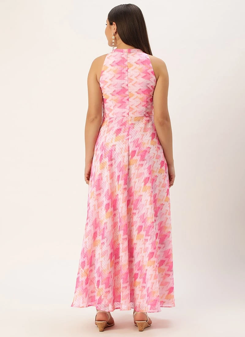 Multicolored Georgette Printed Halter Neck Dress After Six Wear - Image 4