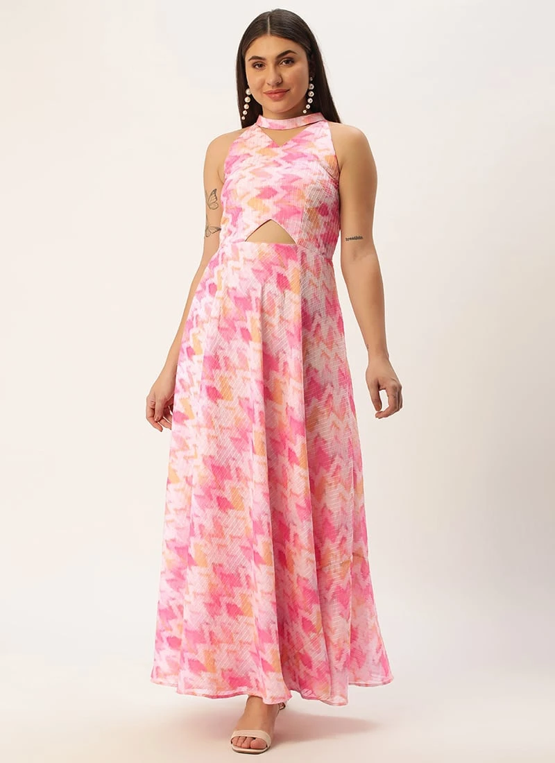 Multicolored Georgette Printed Halter Neck Dress After Six Wear - Image 3