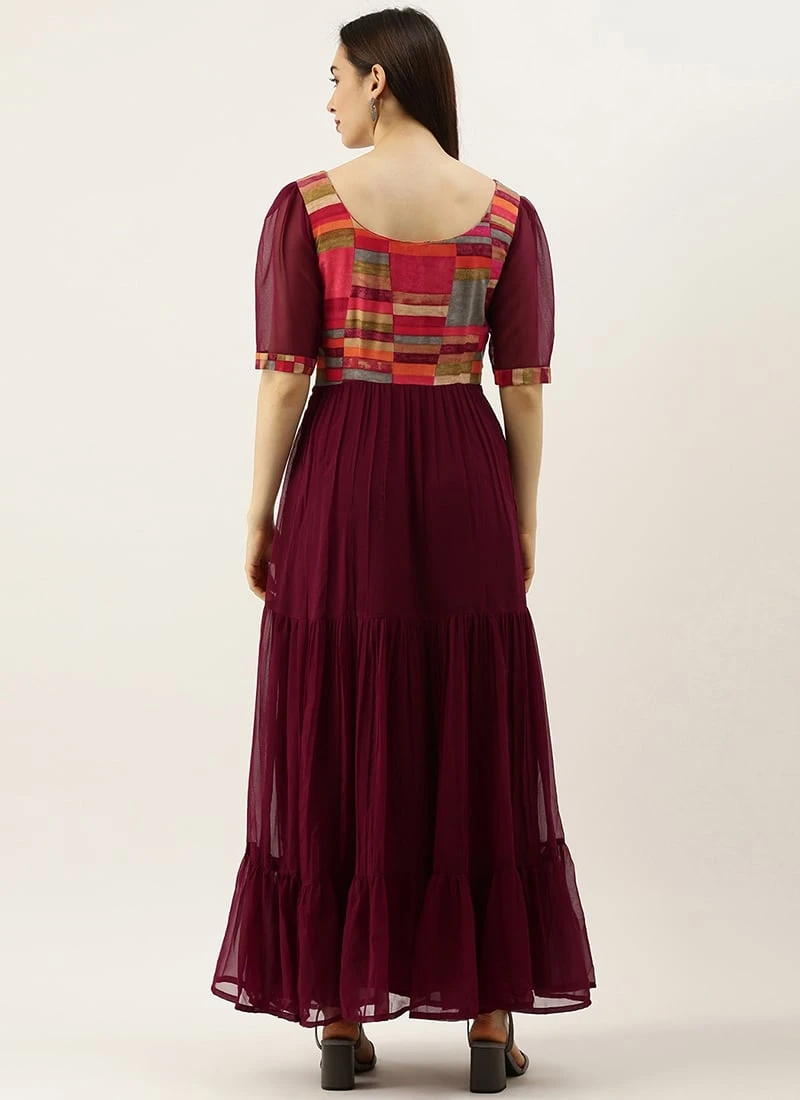 Multicolored N Burgundy Georgette Gathers Dress After Six Wear - Image 4