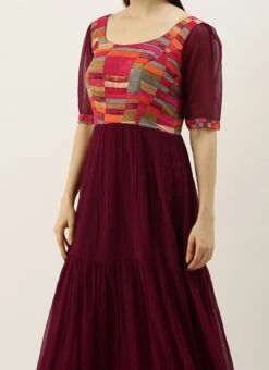 Multicolored N Burgundy Georgette Gathers Dress After Six Wear