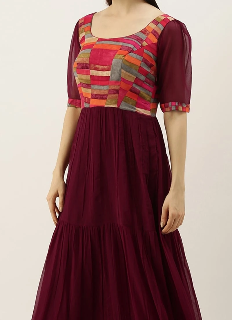 Multicolored N Burgundy Georgette Gathers Dress After Six Wear