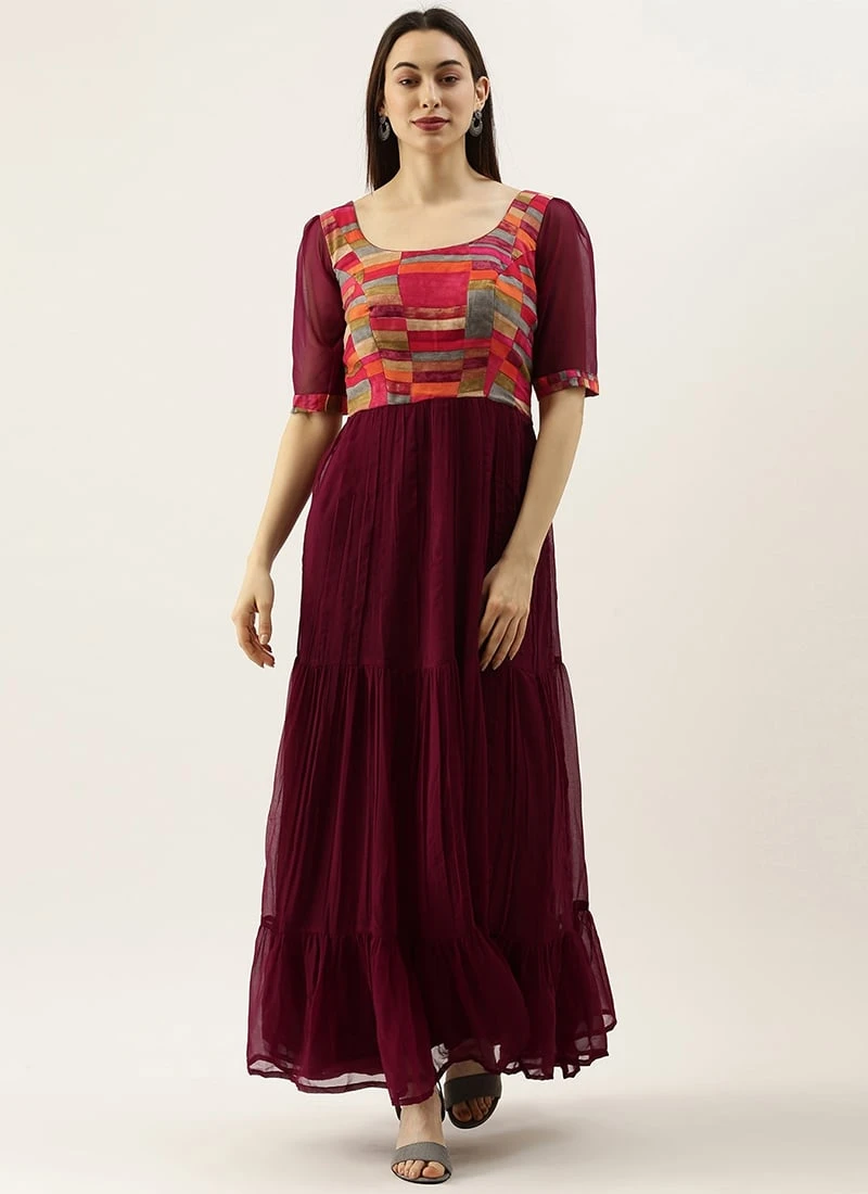 Multicolored N Burgundy Georgette Gathers Dress After Six Wear - Image 3