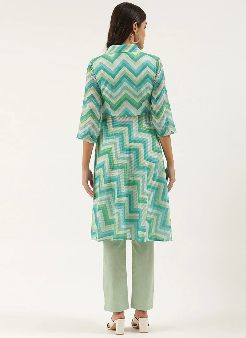 Multicolored N Green Printed Kurta Set Festive Wear - Image 4