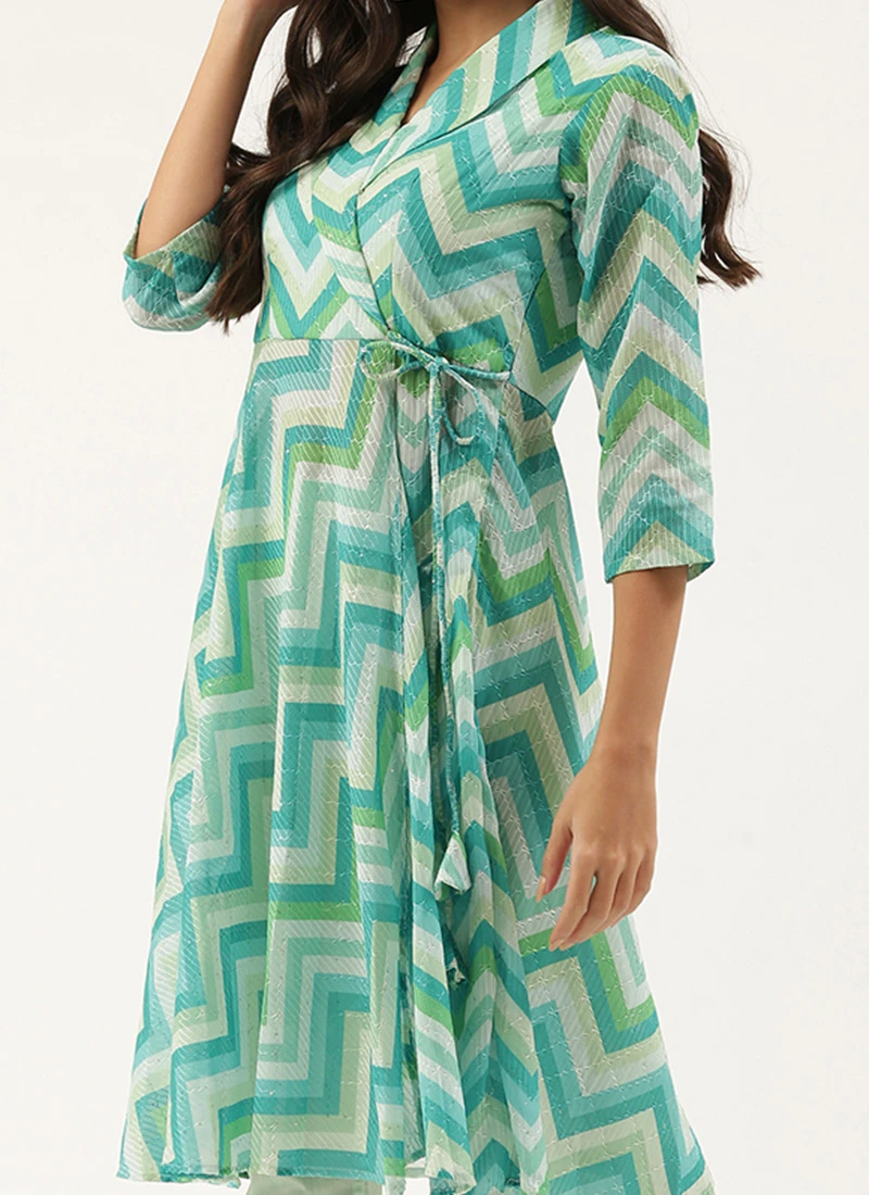 Multicolored N Green Printed Kurta Set Festive Wear