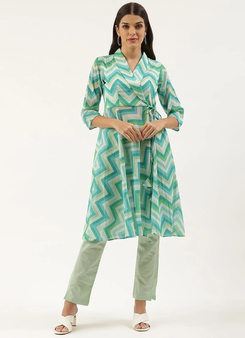 Multicolored N Green Printed Kurta Set Festive Wear - Image 3