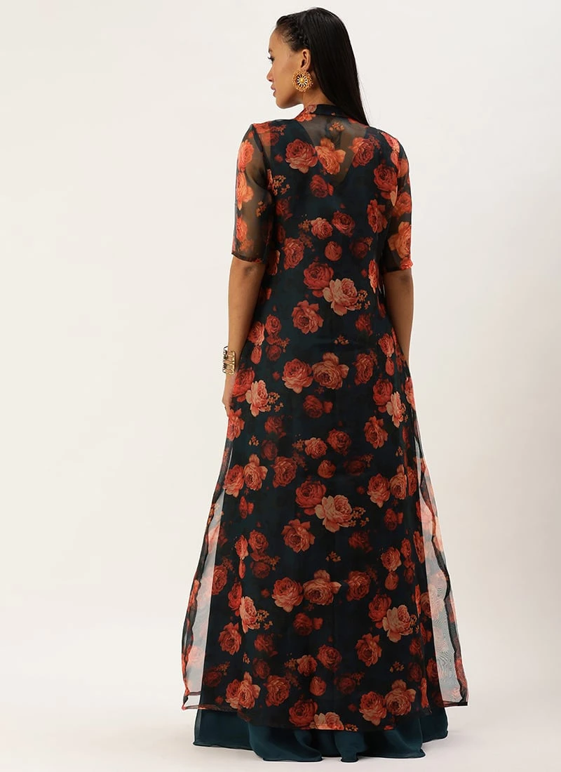 Multicolored Organza Jacket N Teal Blue Dress Festive Wear - Image 4