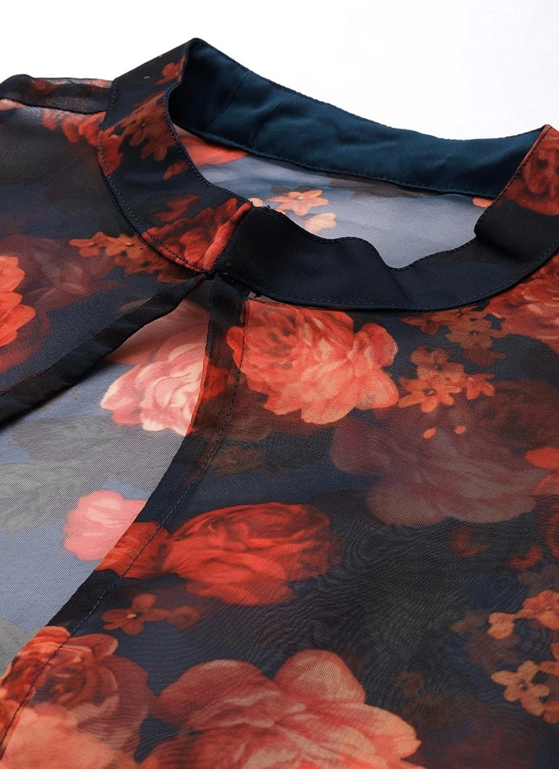 Multicolored Organza Jacket N Teal Blue Dress Festive Wear - Image 5