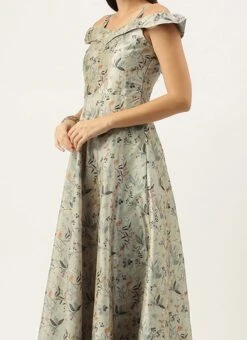 Multicolored Printed Off Shoulder Style Dress Festive Wear