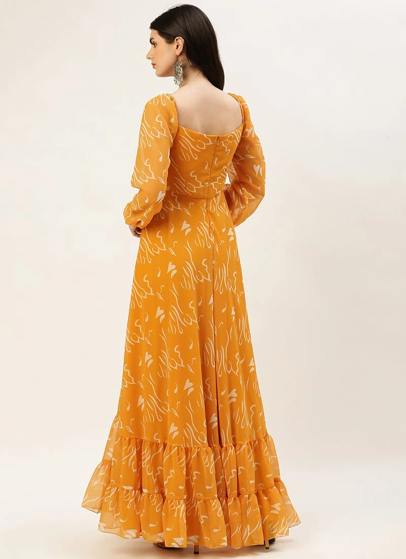 Mustard Digital Print Georgette Maxi Dress After Six Wear - Image 4