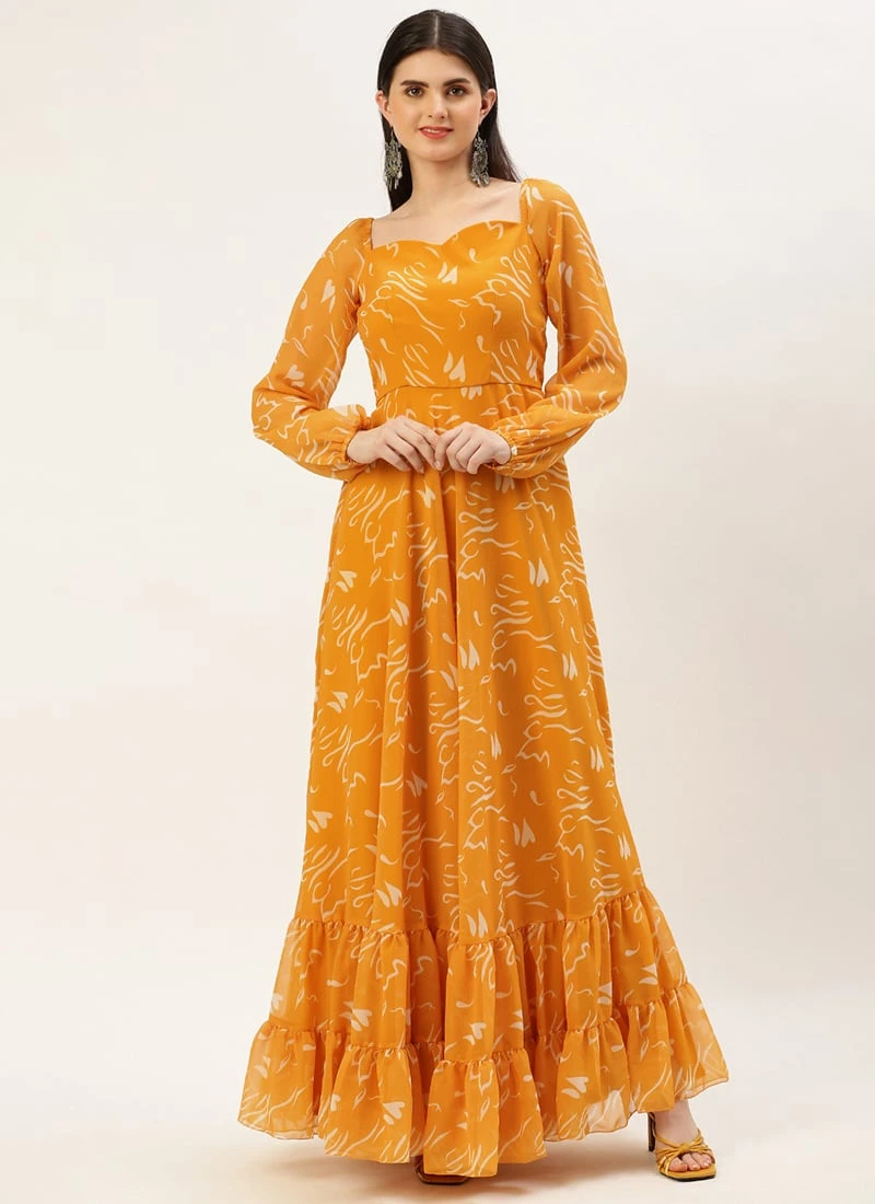 Mustard Digital Print Georgette Maxi Dress After Six Wear - Image 3