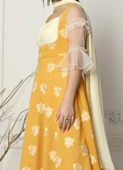 Mustard Jacquard Ruched Style Anarkali Suit Festive Wear