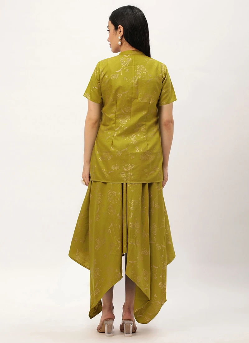 Olive Green Rayon Foil Print Jacket N Dress Festive Wear - Image 4