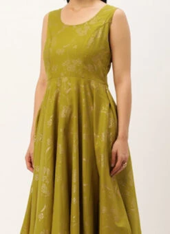 Olive Green Rayon Foil Print Jacket N Dress Festive Wear