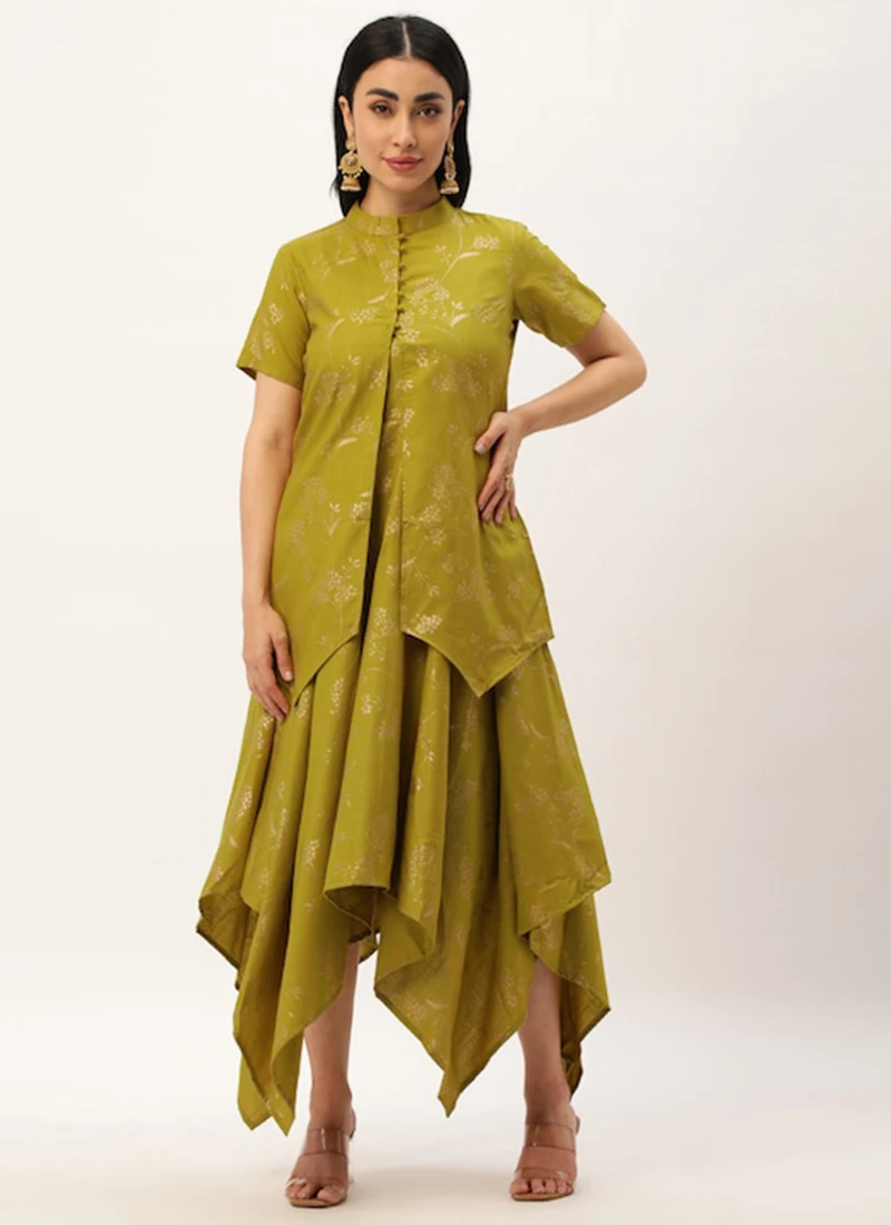Olive Green Rayon Foil Print Jacket N Dress Festive Wear - Image 3