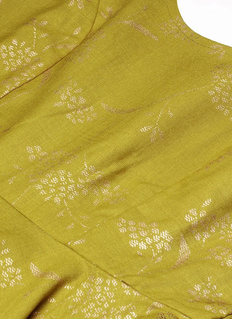 Olive Green Rayon Foil Print Jacket N Dress Festive Wear - Image 5