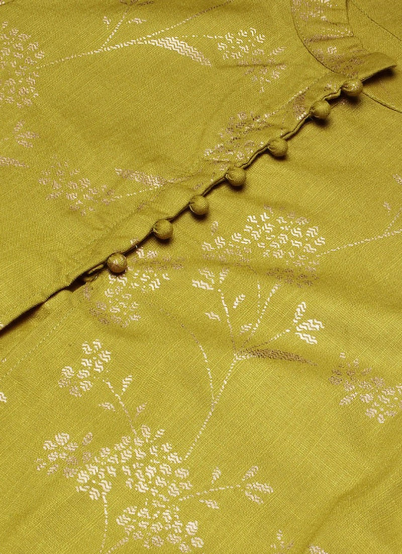 Olive Green Rayon Foil Print Jacket N Dress Festive Wear - Image 6