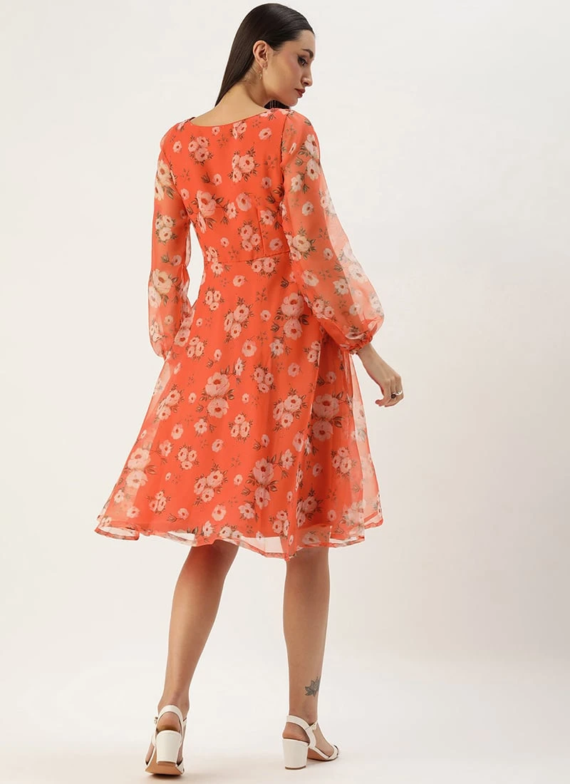 Orange Digital Printed Organza Dress After Six Wear - Image 4