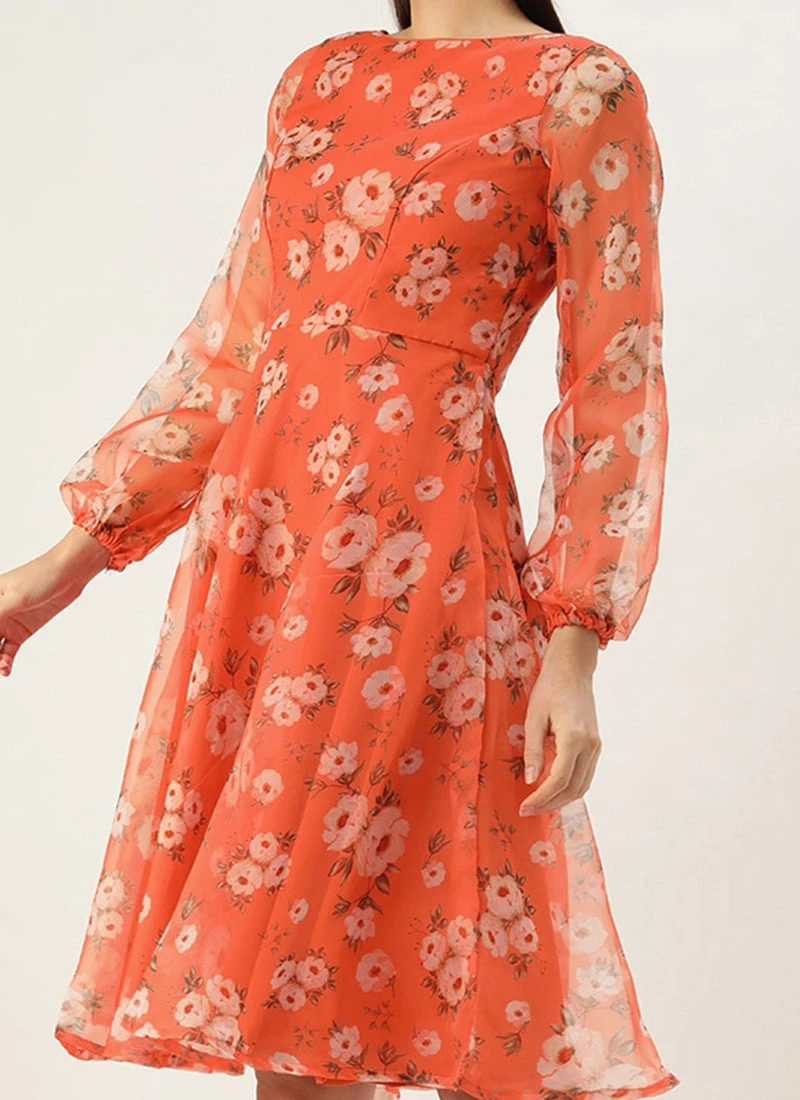 Orange Digital Printed Organza Dress After Six Wear